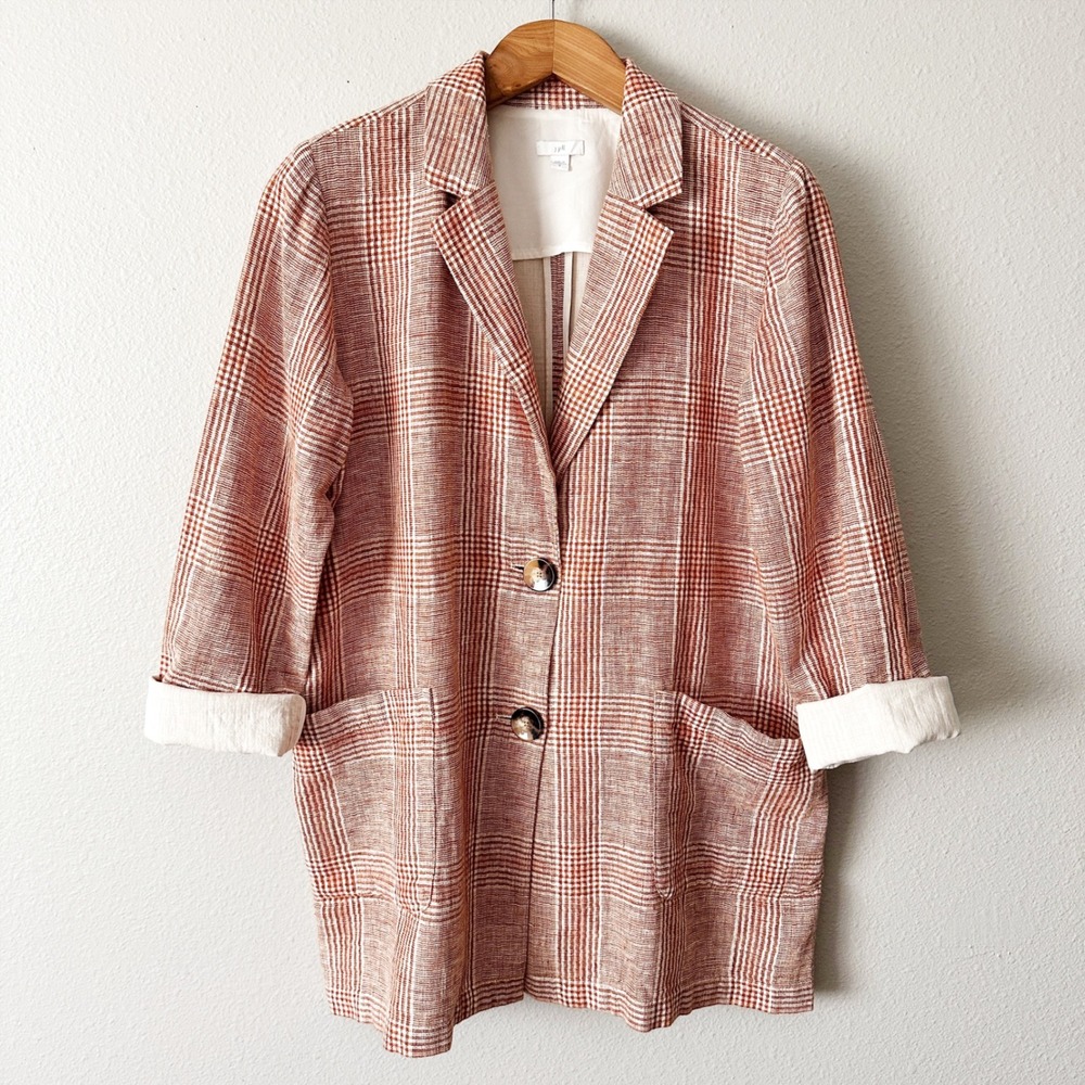 J. Jill Harper Henna Plaid Plaid Linen Cotton Oversize Blazer Jacket Size Medium - Picture 2 of 12